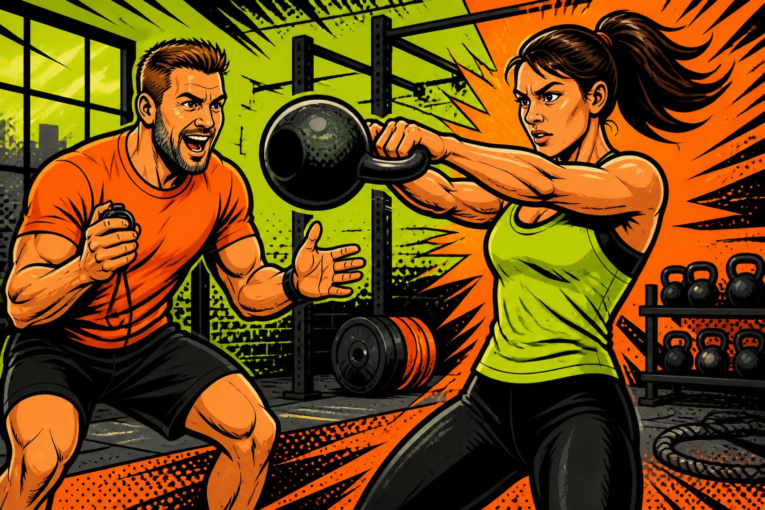 Comic-Illustration eines Personal Trainers mit Stoppuhr, der eine Kundin beim Kettlebell-Training anfeuert