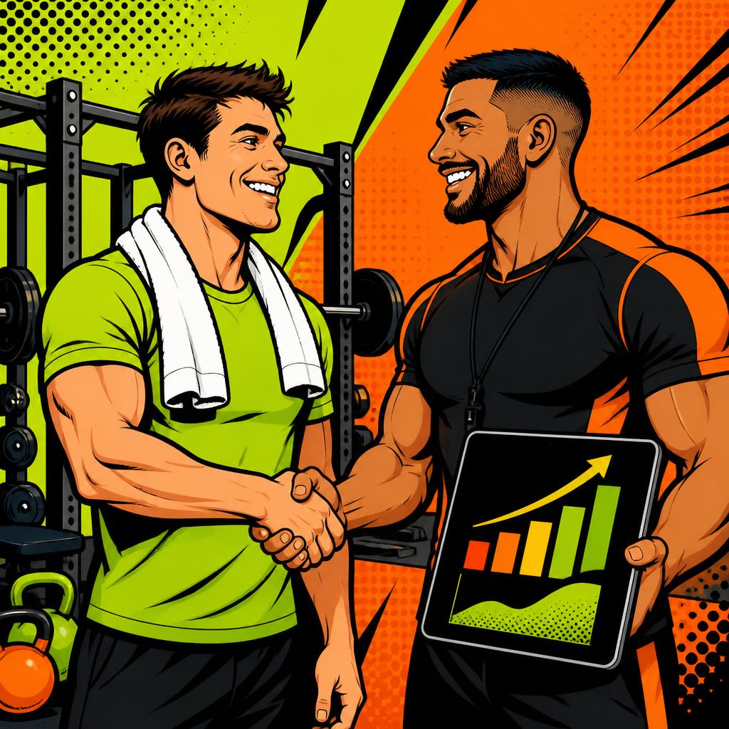 Comic-Illustration eines zufriedenen Kunden, der seinem Personal Trainer nach dem Training die Hand schüttelt