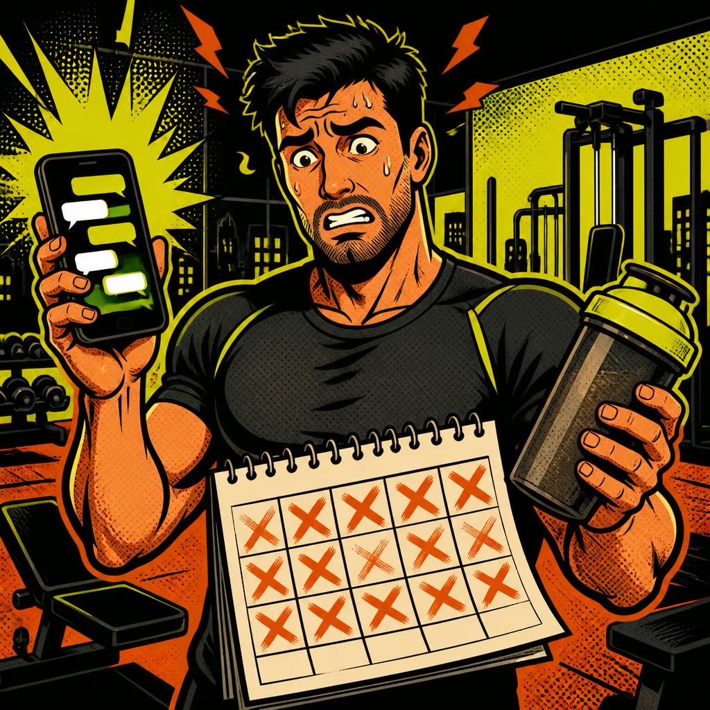 Comic-Illustration eines gestressten Personal Trainers mit Handy, Papierkalender voller Absagen und Shaker in einem leeren Studio